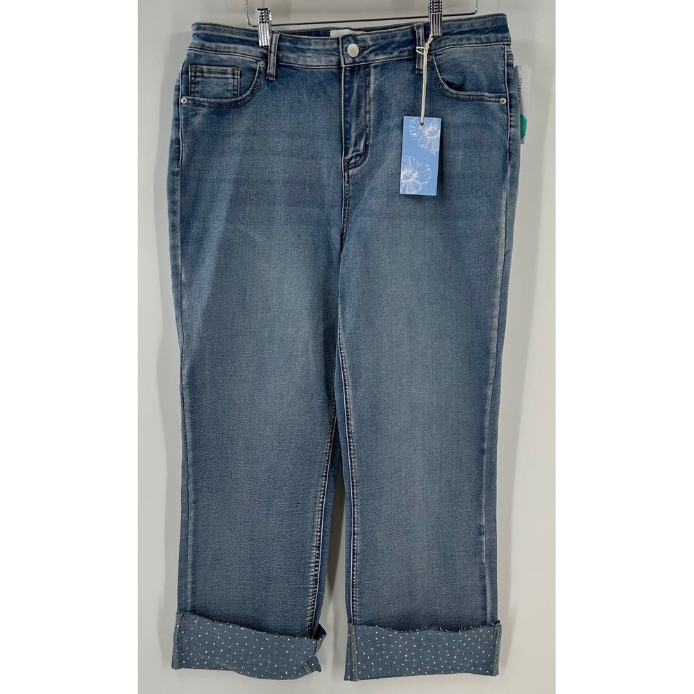 Poppy & Grace Keiko Straight‎ Leg Jeans Indigo Rhinestone Cuff Size 16 33 NEW